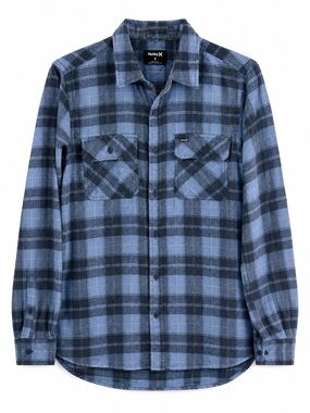 Hurley Men’s Blue and Black Plaid Flannel Button-Down Shirt Size Small